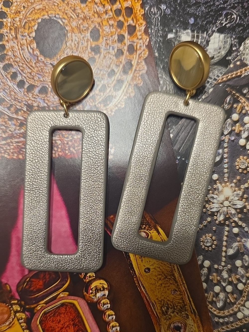Modern Rectangle Drop Earrings in Textured Silver and Gold